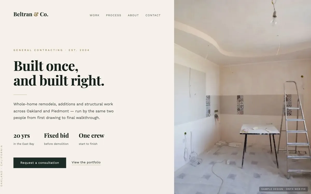 Sample website design for a general contractor: editorial split layout with serif type